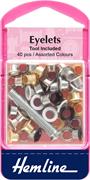 Eyelets kit with tool, 40 pieces, assorted colours